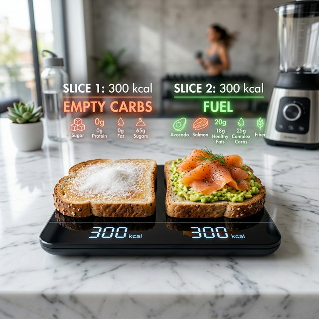 A healthy plate next to pure sugar on a scale